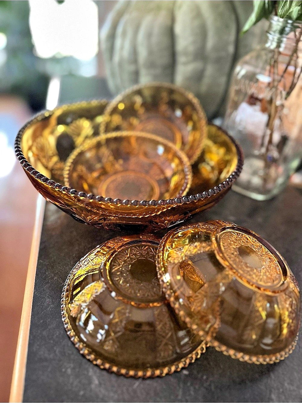 Vintage Honey Amber Glass Serveware Set